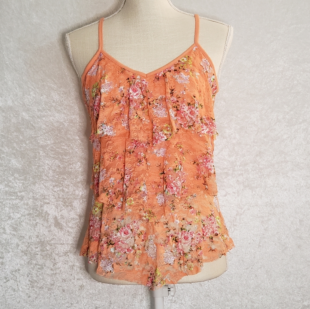 Juniors Orange Floral Layered Lace Tank Top